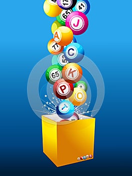 Bingo Jackpot balls on a box over blue background