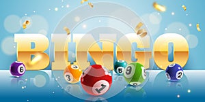 Bingo. Lottery balls and golden confetti poster with text, lucky big win. Lotto game internet leisure, vector gambling