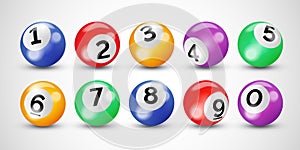 Bingo lottery balls with numbers for keno lotto or billiard on vector transparent background
