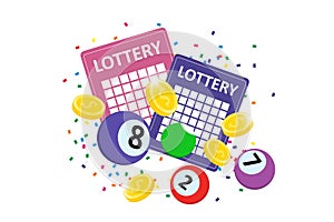 Bingo lottery sign design. Colorful balls, lotto tickets, confetti and jackpot winner money coins. Online gambling big