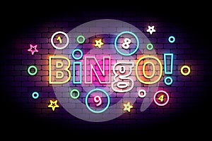 Bingo neon sign with lottery balls and stars.