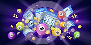 Bingo ticket. Gamble game. Lottery winning. Casino jackpot. Lotto lucky chance. Gold coins. Bet card with numbers