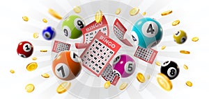 Bingo winner background with lottery tickets, balls and gold coins. Realistic keno gambling game win poster with cards