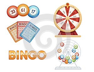 Bingo with lottery balls, fortune wheel and gambling machine vector illustration isolated on white background