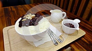 Bingsu Bingsoo with Red Bean- Korean Dessert on Wood Table