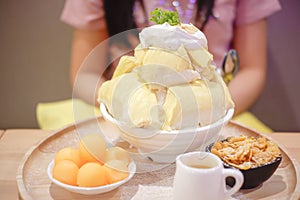 Bingsu Durian with Durian ice cream and Whipped cream