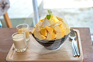 Bingsu Korea food mango served with sweetened condensed milk