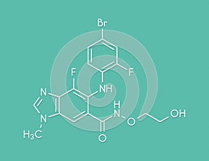 Binimetinib cancer drug molecule MEK inhibitor. Skeletal formula. photo