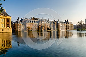 The Binnenhof castle on Hofvijver lake in the Hague city, South Holland, Netherlands.