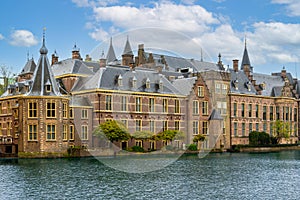 Binnenhof Palace in Hague Den Haag, The Netherlands. Dutch Parliament building Holland, waterfront view