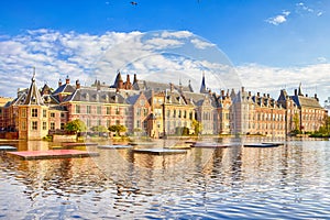 Binnenhof Palace of Parliament inThe Hague in The Netherlands At Daytime. Against Modern Skyscrapers on Background