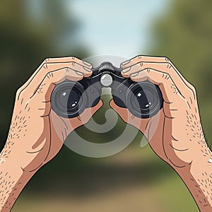 The binoculars are black with reflective lenses, adding depth to the image