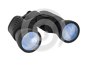 Binoculars with blue sky reflected on lenses