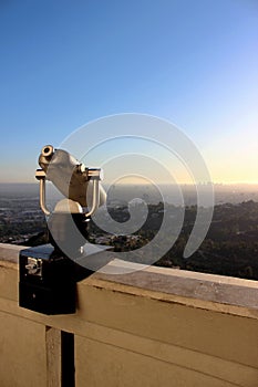 Binoculars on the building of the Griffith Observatory. View of the city of Los Ages. Mount Hollywood in Los Angeles, Griffith Par