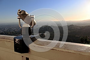 Binoculars on the building of the Griffith Observatory. View of the city of Los Ages. Mount Hollywood in Los Angeles, Griffith Par