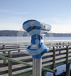 binoculars, exploration, wooden bridge, mountainous shores, lake