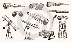 Binoculars or field glasses. Military set. vintage telescopes and optical equipment. engraved hand drawn old line icon