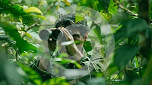 With binoculars in hand a wildlife protector peers through the foliage of a dense rainforest monitoring the movements of