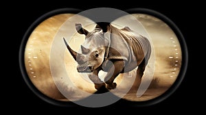 Binoculars Point of View with a Rhino Runs Fast in the Savannah - Generative Ai