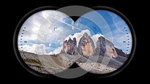 Binoculars Point of View with the Tre Cime di Lavaredo - Italian Alps