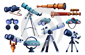 Binoculars and telescopes set cartoon spy glasses