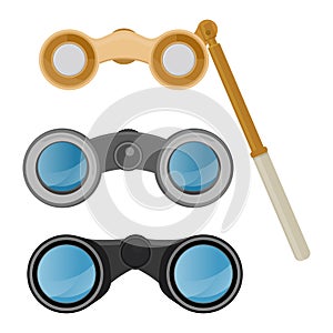 Binoculars vector optical equipment spyglass optics look-see looking far view illustration set of binocular spy search