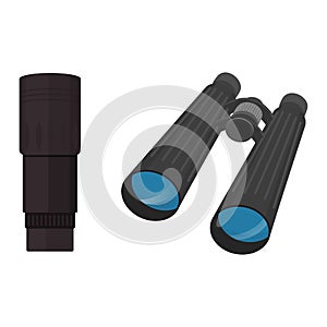 Binoculars vector optical equipment spyglass optics look-see looking far view illustration set of binocular spy search