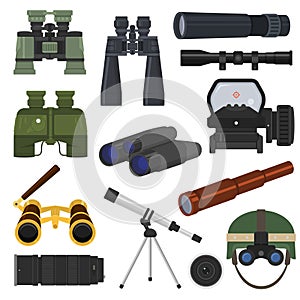 Binoculars vector optical equipment spyglass optics look-see looking far view illustration set of binocular spy search