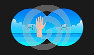 binoculars view drowning man hand in water vector illustration