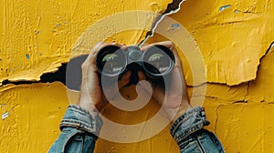 The binoculars on yellow wall. AI generated