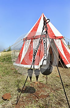 Bins for food on the background of a tent