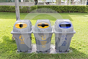 Bins in park for Glass bottle/ Can, Plastic bottle, Paper bag/ Other waste Food waste