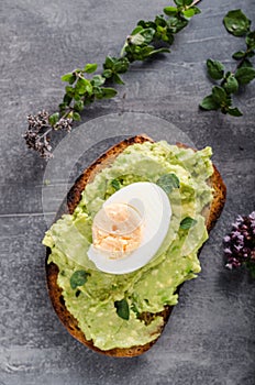 Bio avocado on bread with boiled egg