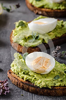 Bio avocado on bread with boiled egg