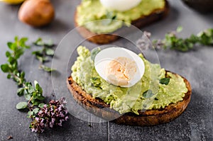 Bio avocado on bread with boiled egg