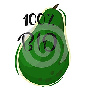 Bio avocado in cartoon flat style. Vector isolate on a white background. One hundred percent bio.