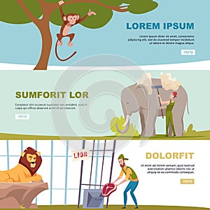 Bio banners animals in cartoon style living in zoo cage
