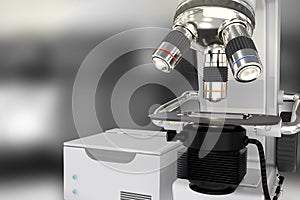 bio development concept, laboratory electronic scientific microscope on selective focus background - object 3D illustration