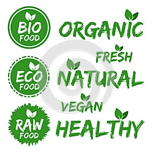 Bio Food Badges. Set of green Stickers.