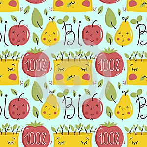 Bio food seamless pattern with fruit characters