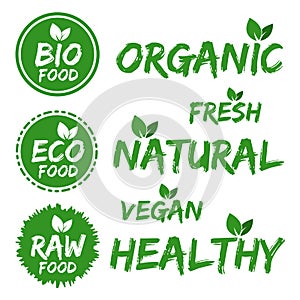 Bio Food Stickers. Set of green Stickers. Eps10.