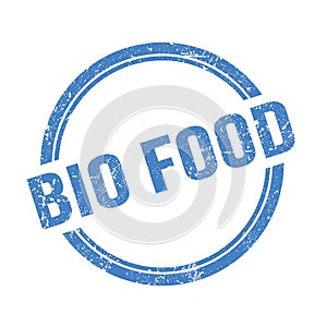 BIO FOOD text written on blue grungy round stamp