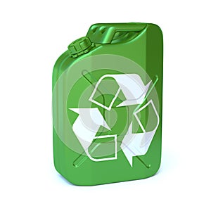 Bio fuel green jerrycan with recycling sign 3d rendering