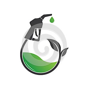 Bio fuel logo. Ecological fuel icon. Green eco pump. Petrol station sign. Green leaf pump. Vector illustration flat design