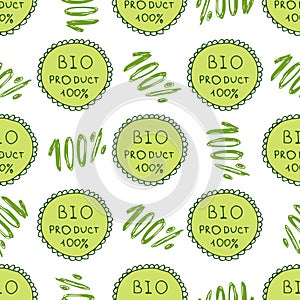 Bio green pattern. Eco seamless background. 100% Organic natural backdrop.Hand drawn texture. Farm, healthy product decor