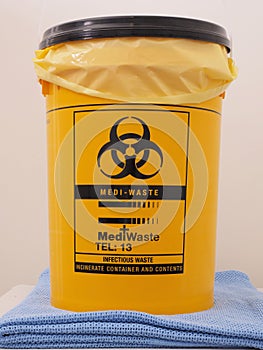 Bio Hazard labled yellow specialist collection container