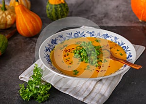 Bio homemade pumpkin soup with chilli