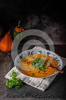 Bio homemade pumpkin soup with chilli