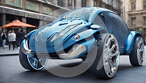 (Bio-inspired blue Bug Car:1.1), (vehicle resembling a beetle\'s exoskeleton),