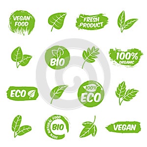 Bio labels set. Healthy badges, fruit organic green nature emblem. Vegan symbols, agriculture market product stickers